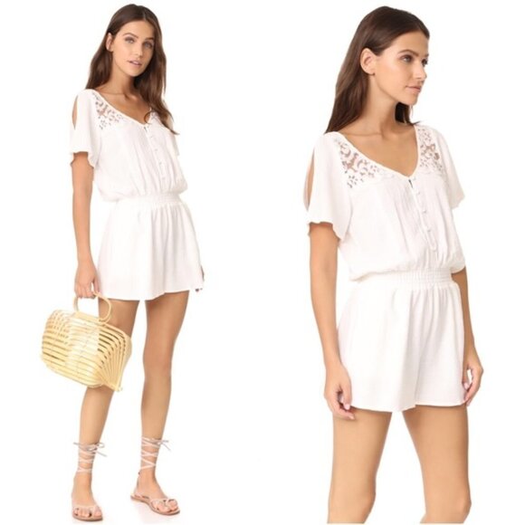 L*SPACE Meadow Romper Short Sleeve Lace V-Neck Jumpsuit White Button Size Small - Picture 1 of 15
